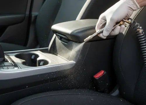 Technician using compressed air to blow dust and debris from tight seat seams and vents