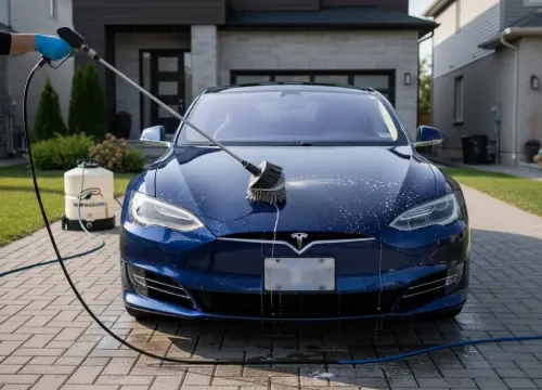 Exterior hand wash with high-foam and a pressure rinse on a parked car.