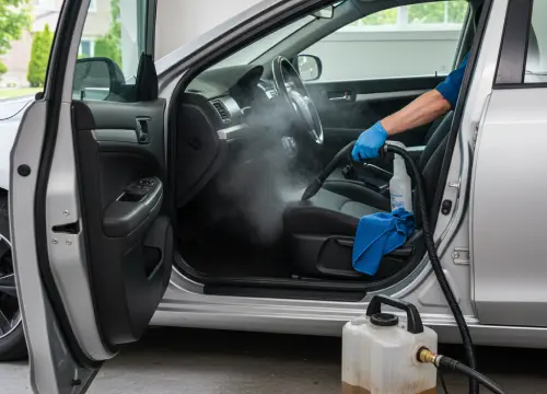 Technician shampooing and steam-extracting carpets, seats, and upholstery.