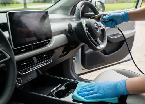 Steam cleaning car vents and touchpoints for deep interior sanitation