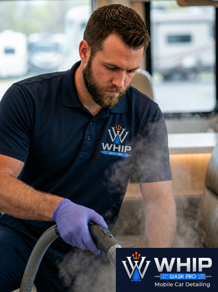 Technician performing RV interior steam cleaning during mobile detailing service by WHIP Wash Pro.