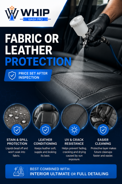 Professional fabric and leather protection treatment for car interiors in Mississauga by Whip Wash Pro