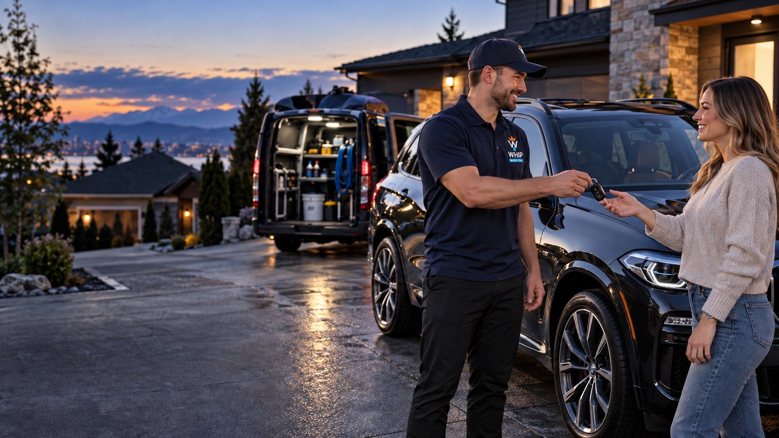WhipWashPro technician handing over vehicle keys to a smiling customer beside her freshly detailed SUV in a residential driveway at dusk, with the branded WhipWashPro service van and equipment visible behind them