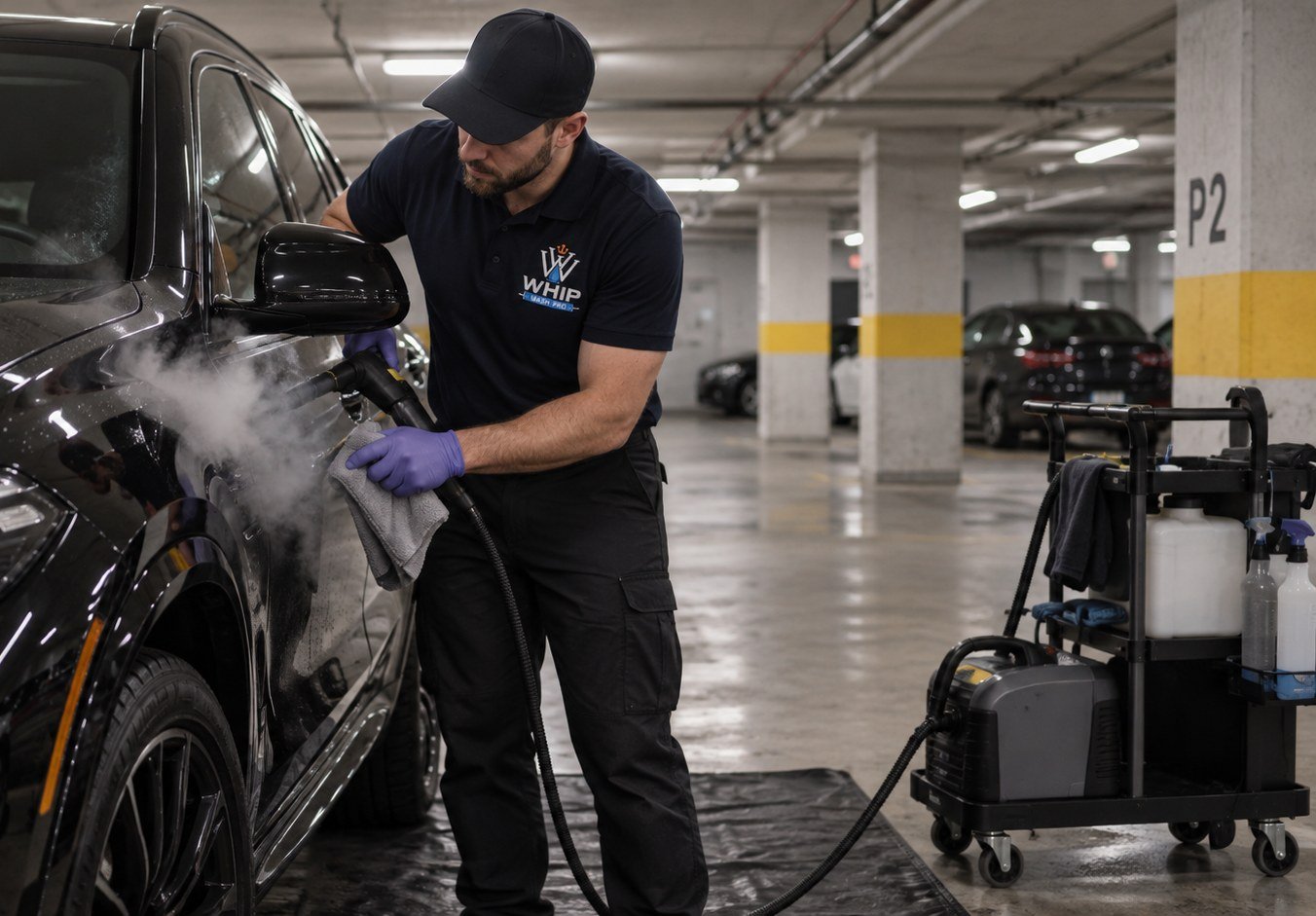 WhipWashPro technician steam-cleaning a black SUV inside an underground condo parking garage