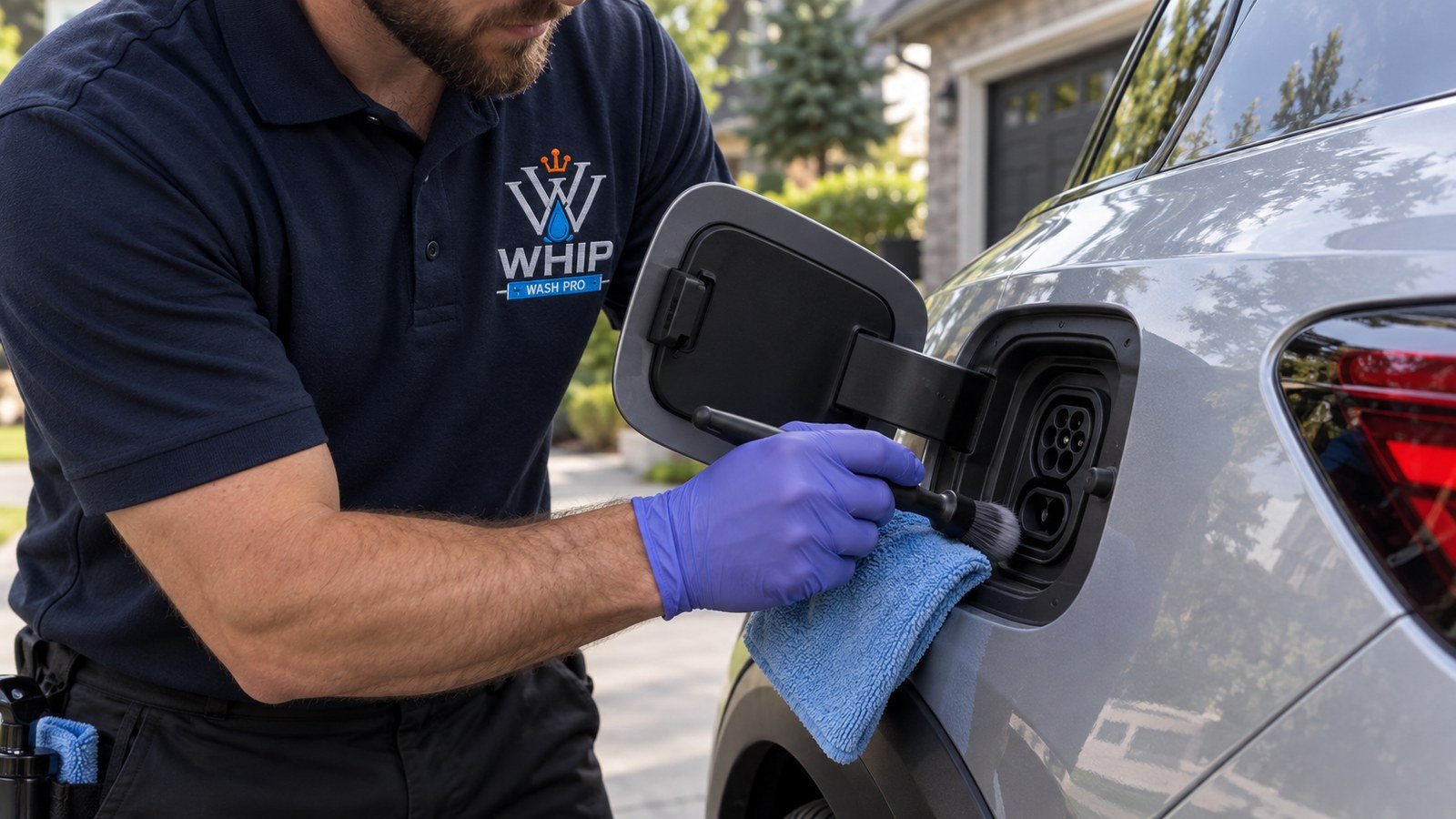 WhipWashPro technician cleaning an EV charge port area with a detailing brush and microfiber cloth