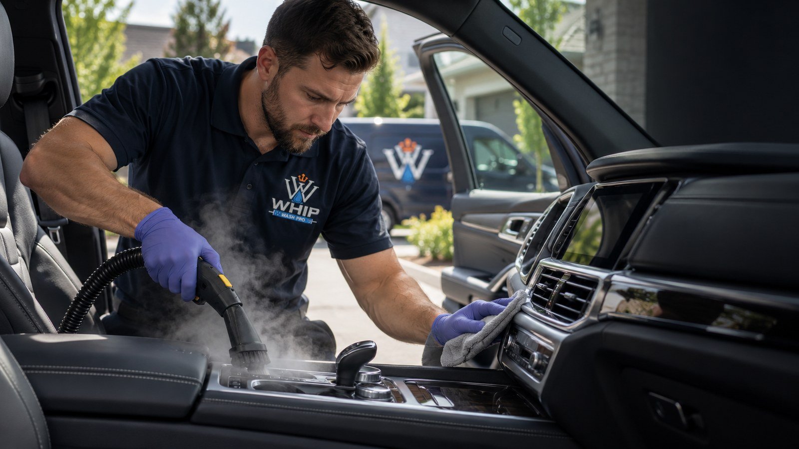 WhipWashPro technician steam-cleaning the dashboard and console of a premium SUV with the branded van visible behind him