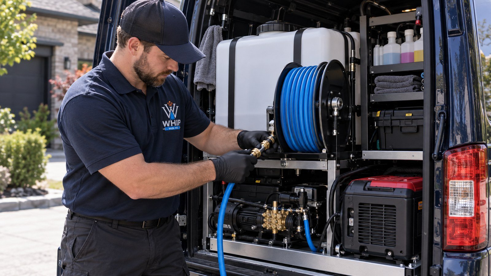 Self-contained water tank, hose reel, and generator equipment organized inside the service van