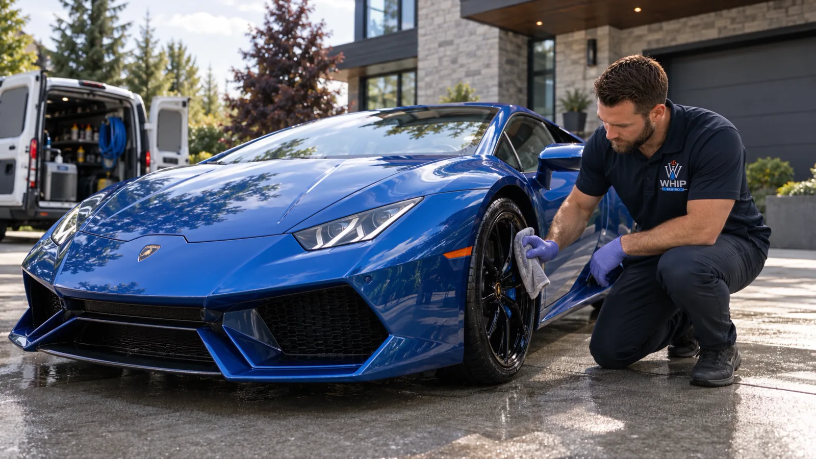 WhipWashPro technician finishing a mobile detail on a car in a residential driveway