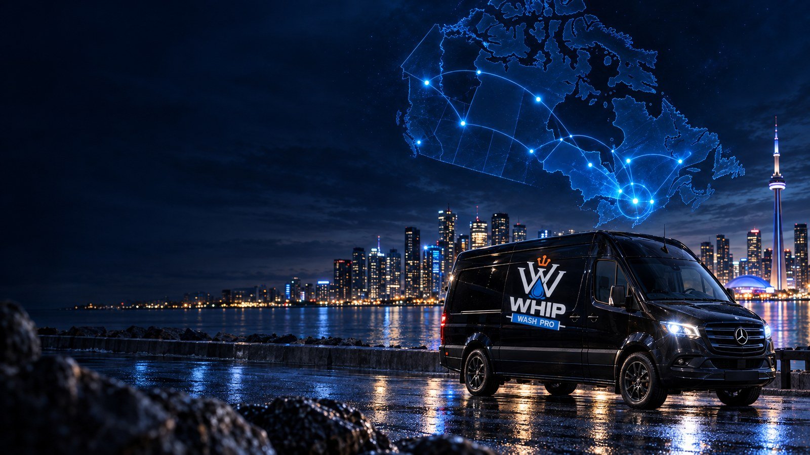WhipWashPro branded van parked on the Toronto waterfront at night with the CN Tower and skyline behind it, and an illuminated map of Canada showing the brand's service route above