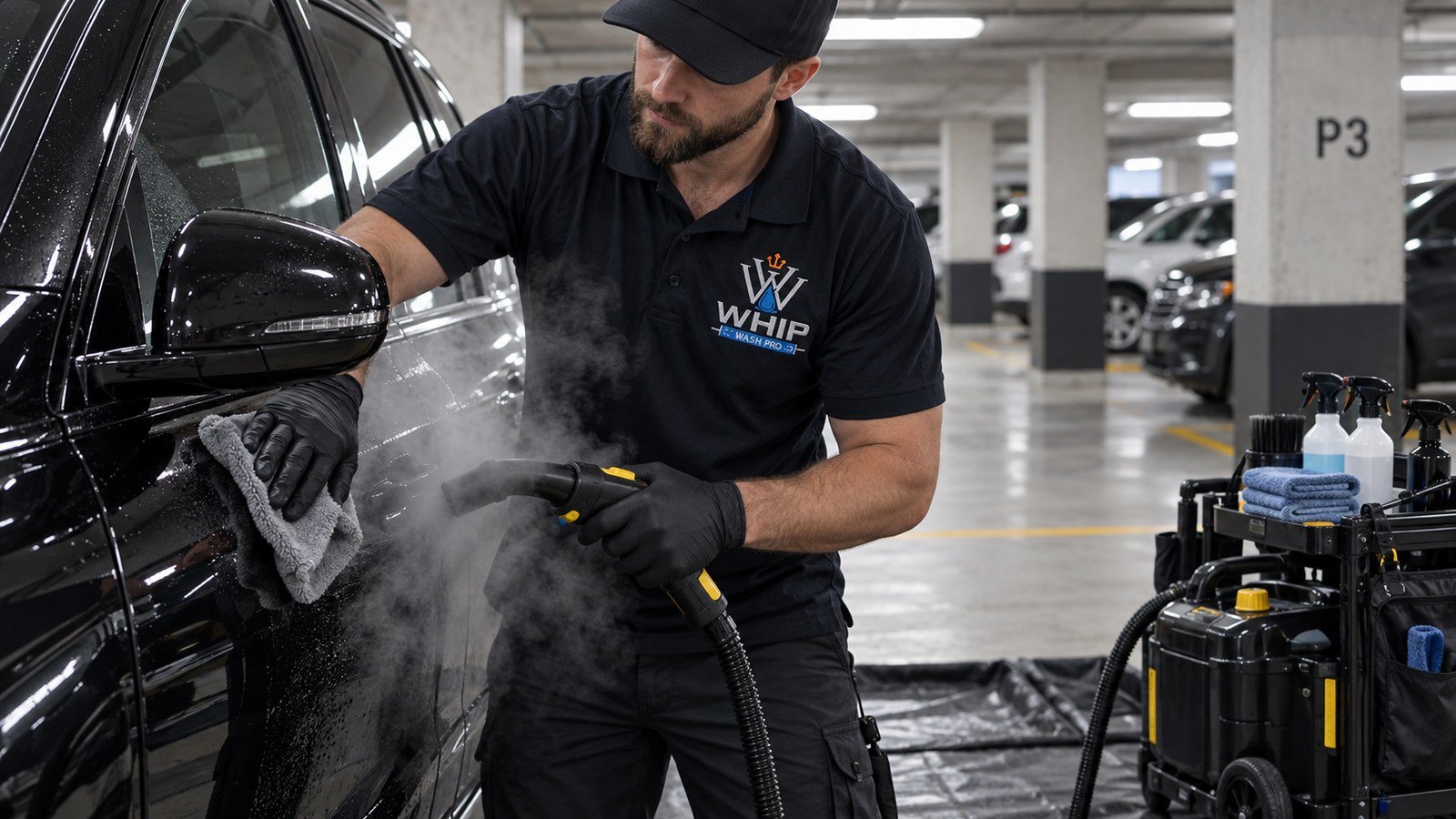 WhipWashPro technician steam-cleaning a black SUV inside an underground parking garage marked level P3