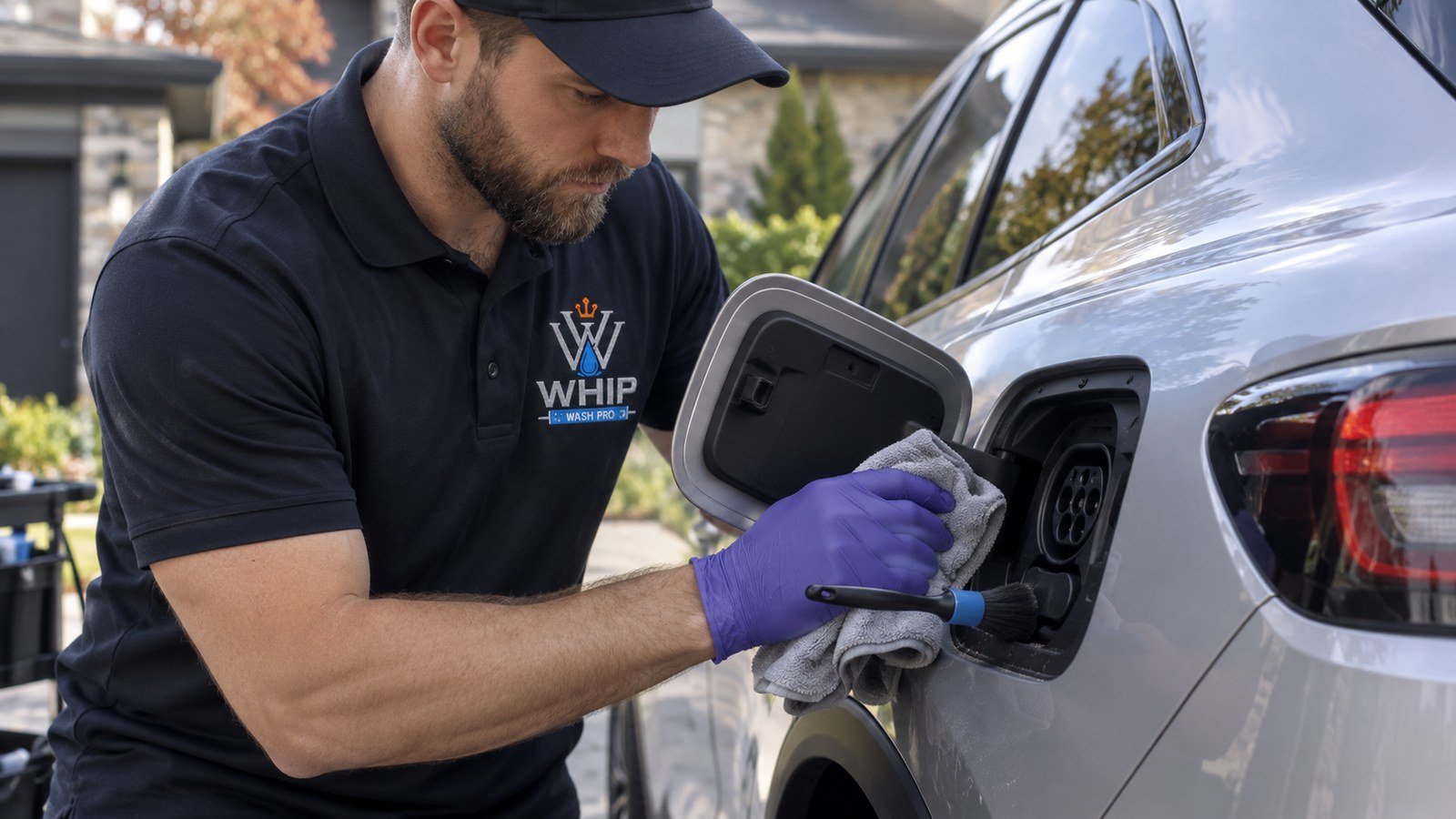 WhipWashPro technician carefully wiping the open charge port area of a silver electric vehicle with a microfiber cloth