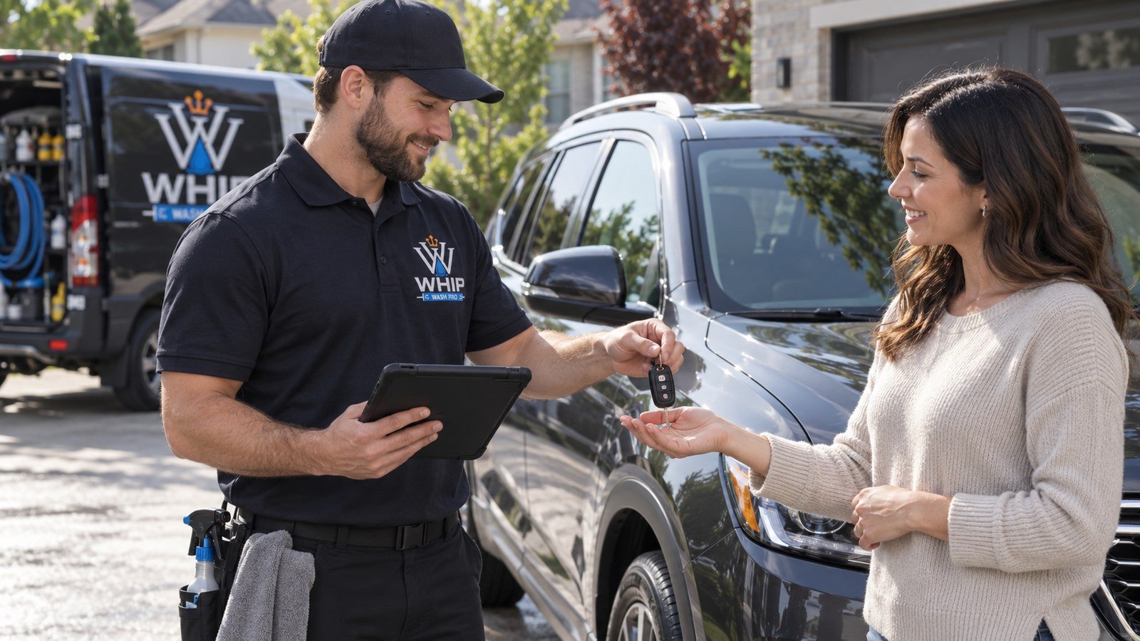 WhipWashPro technician holding a tablet and handing car keys back to a smiling customer in a driveway