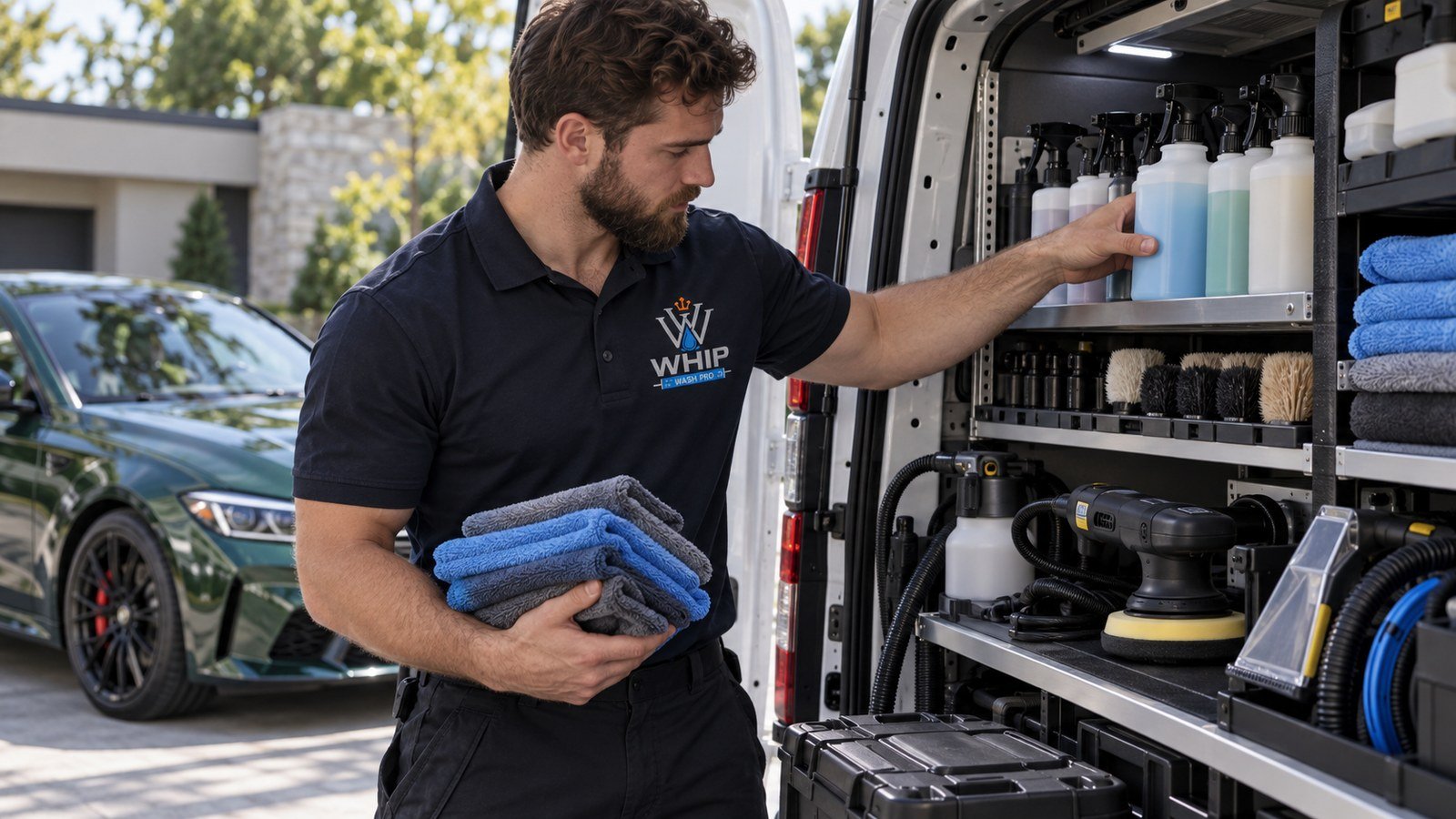 WhipWashPro technician selecting professional detailing products from the fully stocked shelving inside the service van