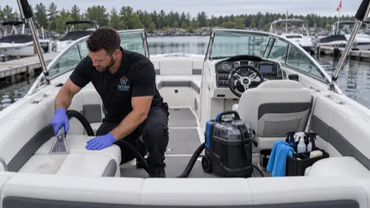 WhipWashPro technician extracting marine vinyl upholstery on a bowrider boat