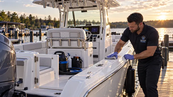 WhipWashPro technician wiping down the deck of a center-console boat at a marina