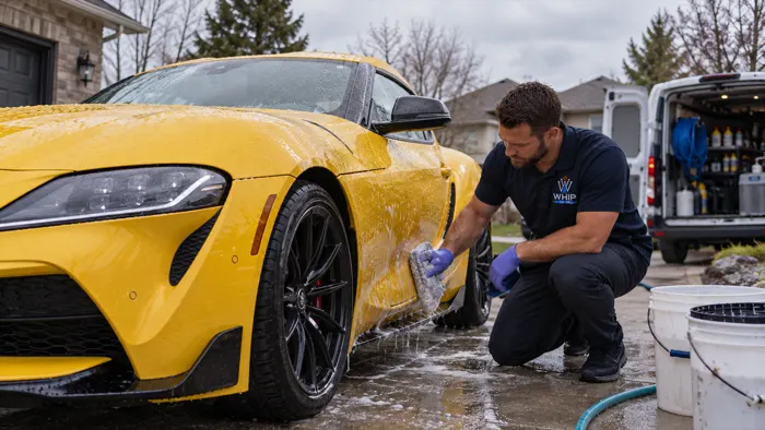 WhipWashPro technician hand-washing a yellow sports car in a driveway