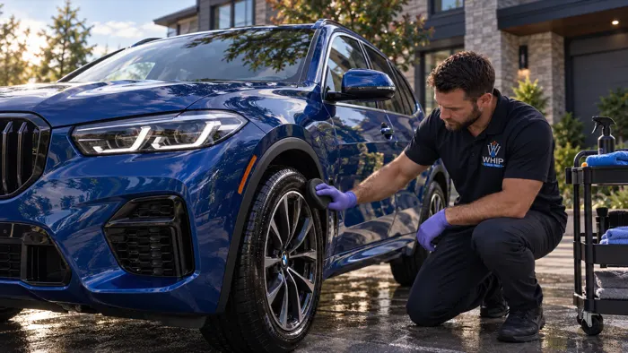 WhipWashPro technician applying tire dressing to a blue SUV
