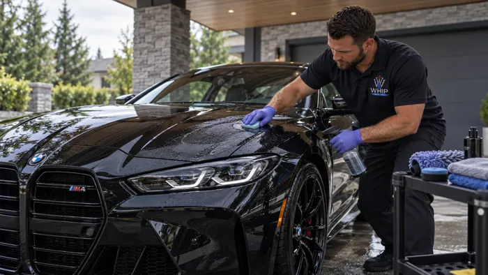 WhipWashPro technician hand-waxing a black sedan's hood to a showroom finish