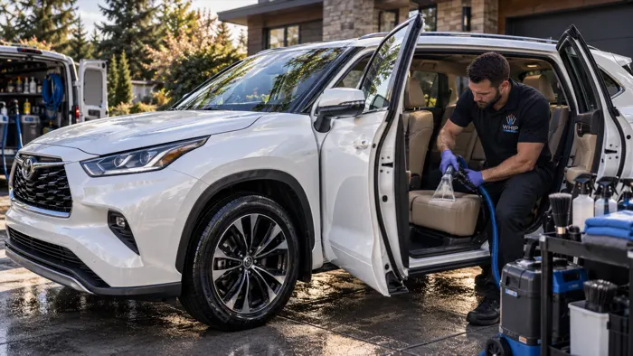 WhipWashPro technician steam-extracting an SUV's tan leather seat