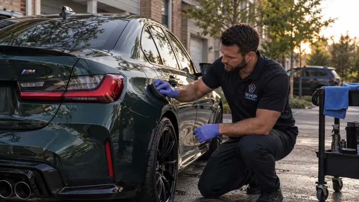 WhipWashPro technician polishing a dark green sports sedan to a showroom finish
