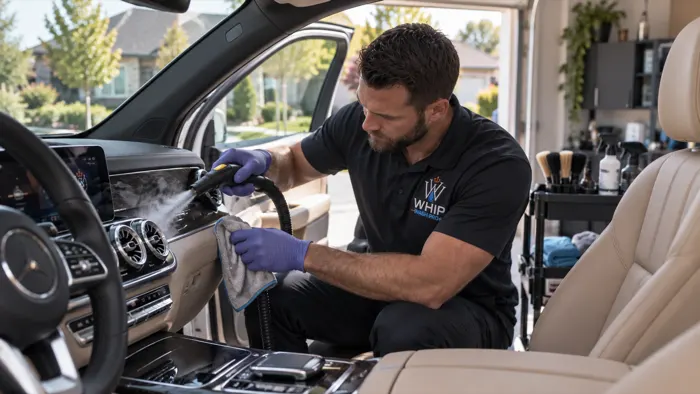 WhipWashPro technician steam-cleaning a Mercedes dashboard and vents