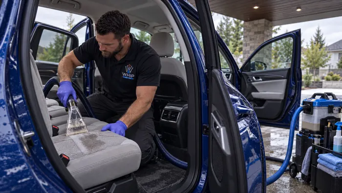WhipWashPro technician extracting a stain from a vehicle seat