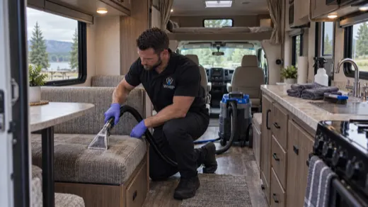 WhipWashPro technician extracting upholstery inside a Class C RV