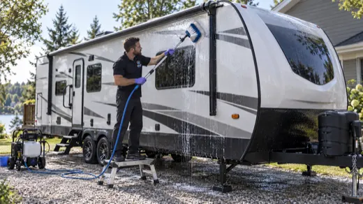 WhipWashPro technician soft-washing the exterior of a travel trailer