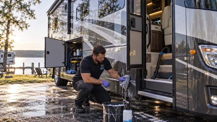 WhipWashPro technician washing the exterior of a Class A motorhome at sunset