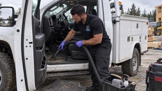 WhipWashPro technician vacuuming a work truck's muddy interior