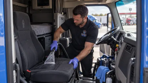 WhipWashPro technician extracting a semi-truck sleeper cab seat