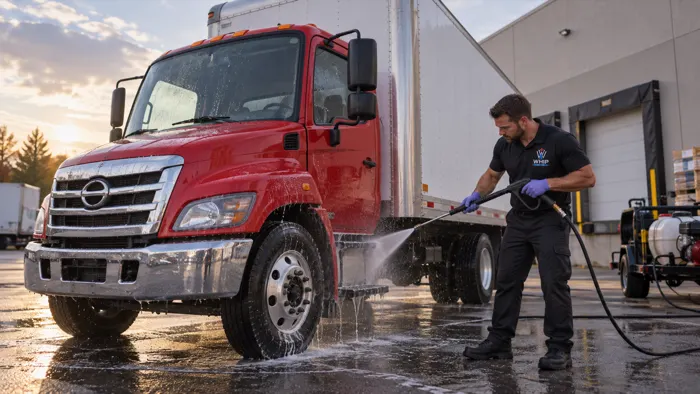 WhipWashPro technician pressure-washing a commercial red box truck