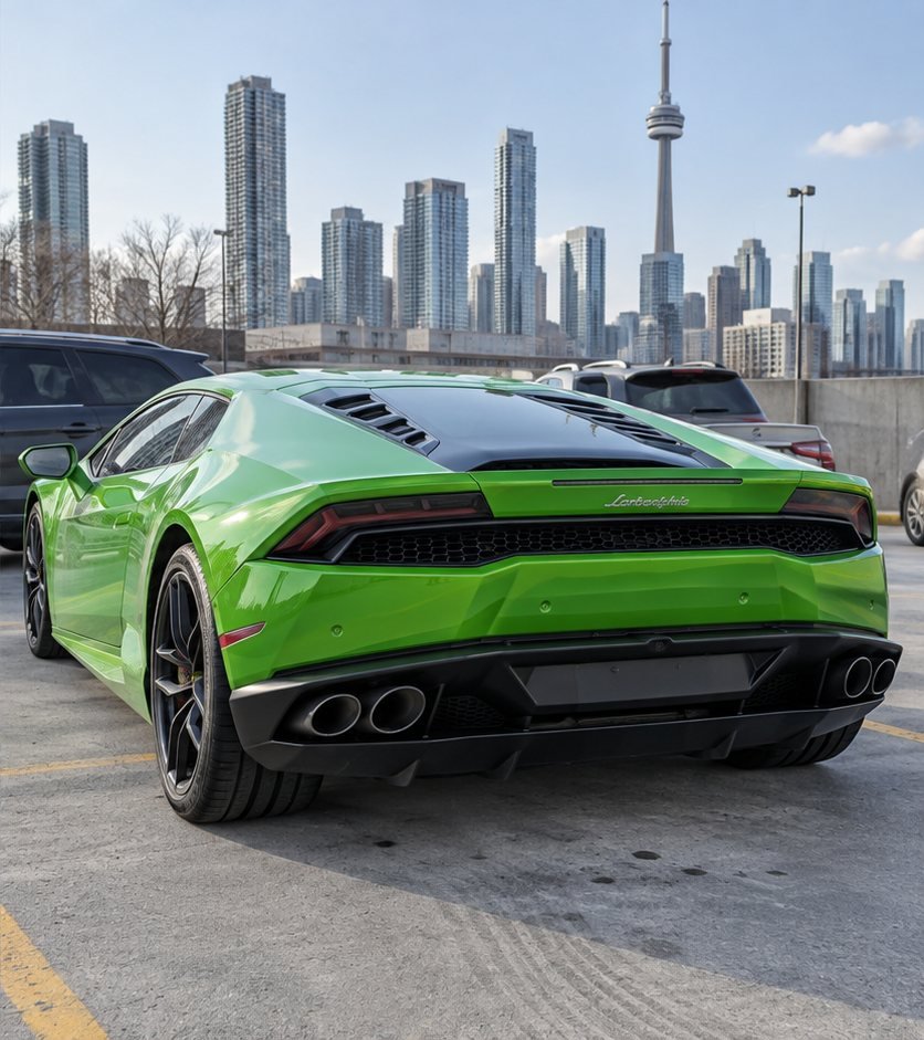 The same green Lamborghini Huracan rear end with a deep, reflective gloss finish