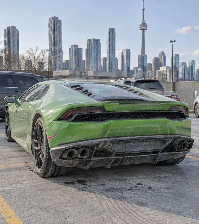 Green Lamborghini Huracan rear end with a dull, water-spotted and lightly dusty finish