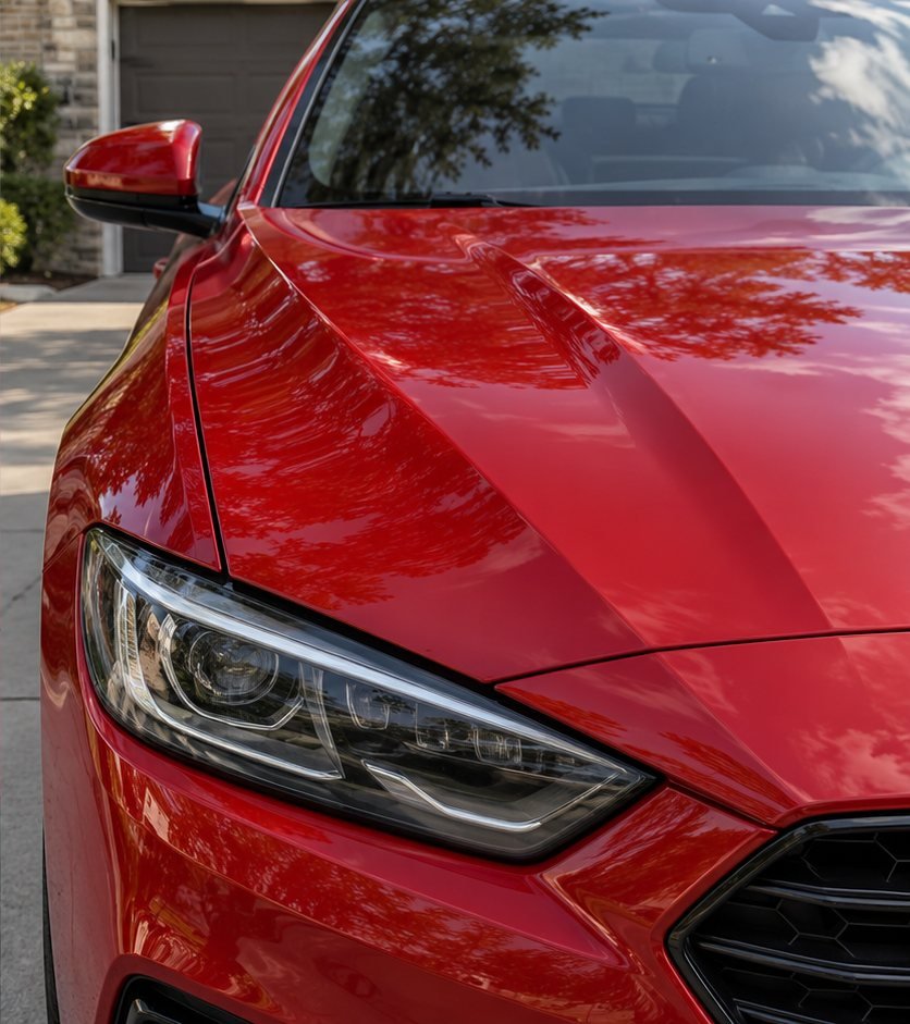 The same red car hood and headlight close-up with a corrected, mirror-like glossy finish