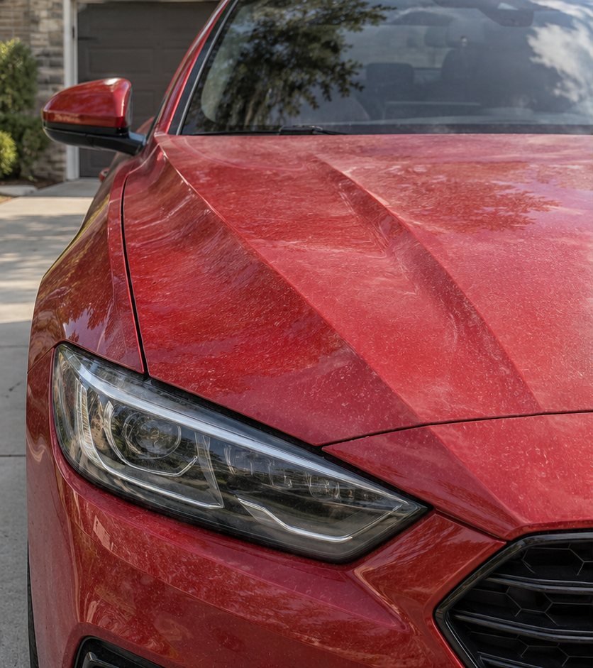 Close-up of a red car hood and headlight showing dull paint with visible swirl marks