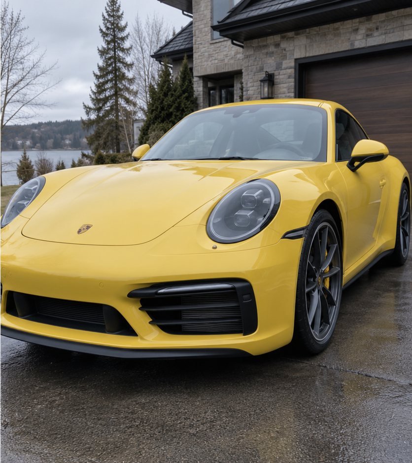The same yellow Porsche 911 front end washed to a clean, glossy finish