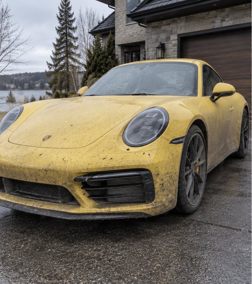 Yellow Porsche 911 front end covered in dried mud splatter and road grime