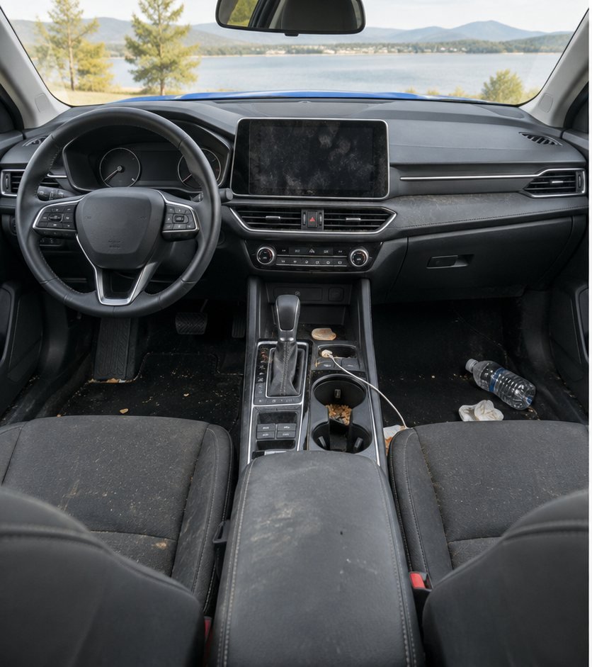 Dashboard, infotainment touchscreen and centre console covered in dust and fingerprint smudges