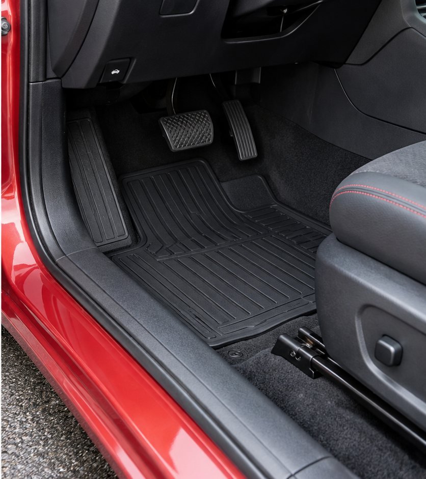 The same driver-side footwell and floor mat cleaned with no mud or salt residue remaining