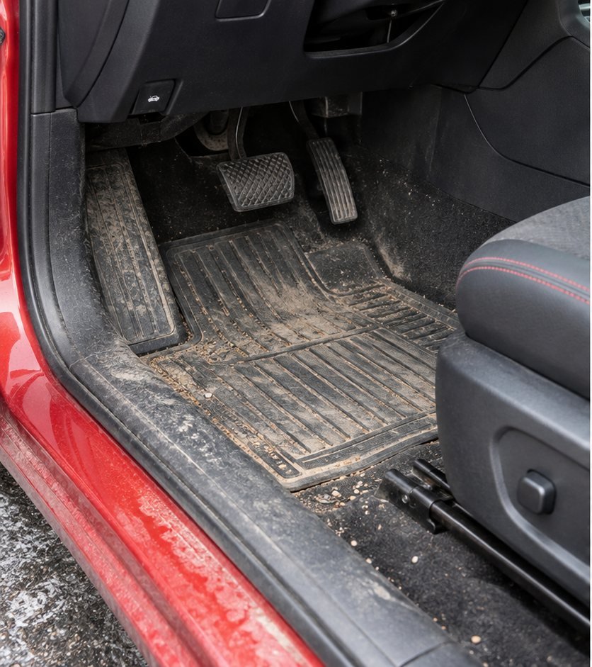 Driver-side footwell and rubber floor mat caked with dried winter mud and road salt