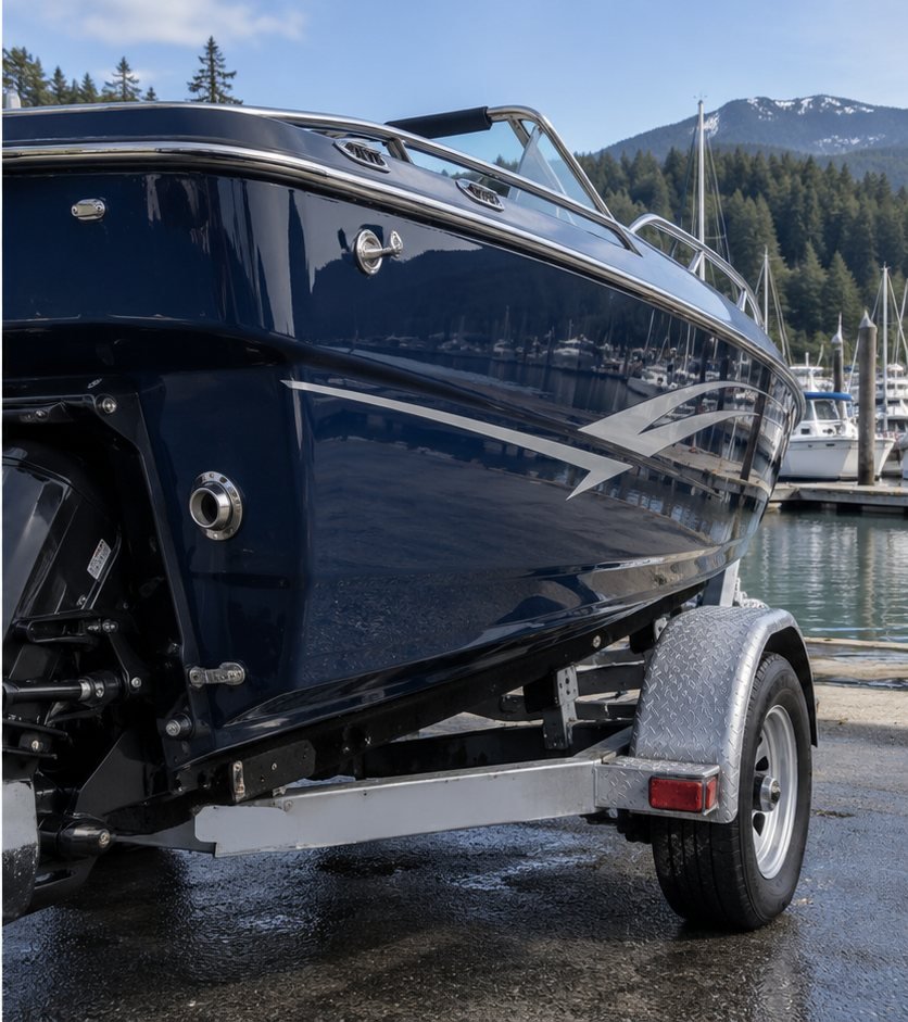 The same boat hull on a trailer restored to a deep, glossy navy finish