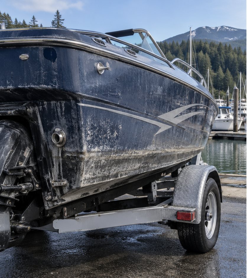 Boat hull on a trailer with a chalky, oxidized and grime-streaked finish