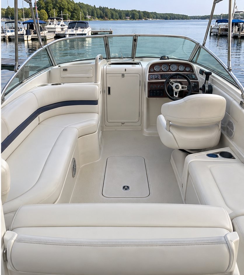 The same bowrider boat cockpit seating and deck cleaned to a bright, spotless finish