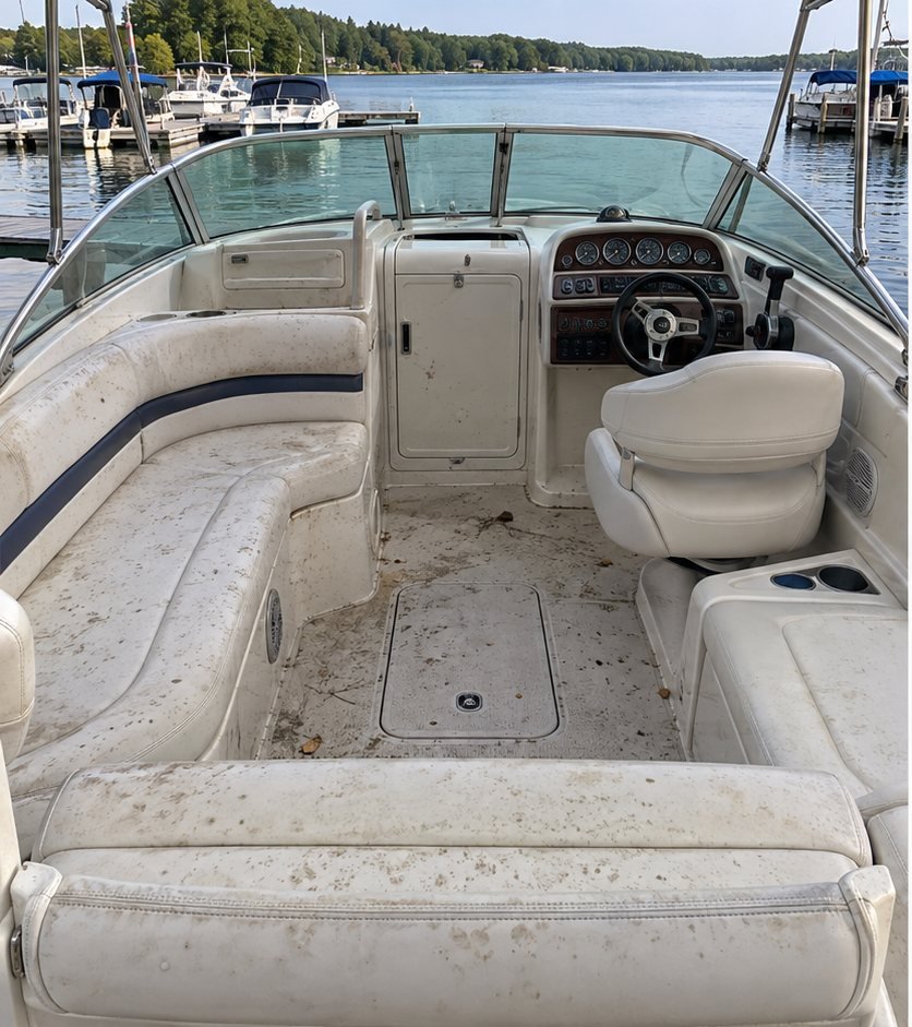 Bowrider boat cockpit seating and deck with visible dirt, mildew spotting and grime