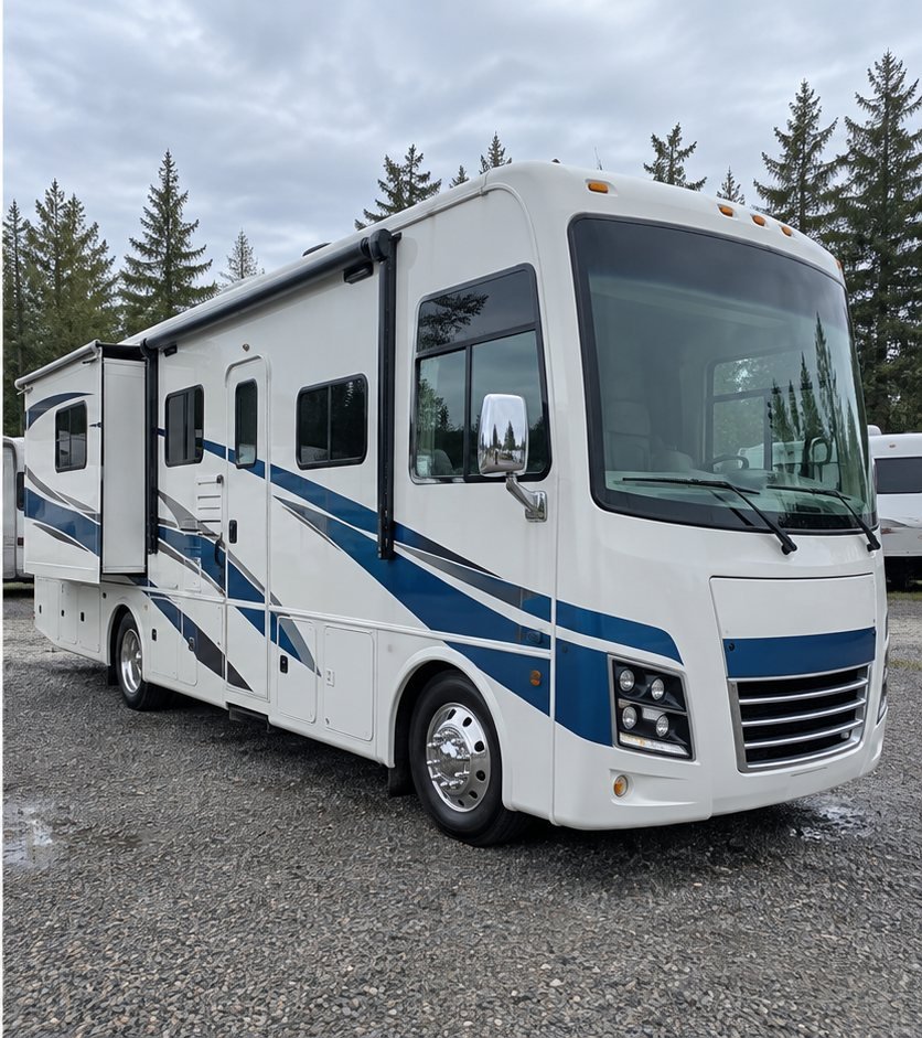 The same Class A motorhome exterior washed to a bright, streak-free white finish