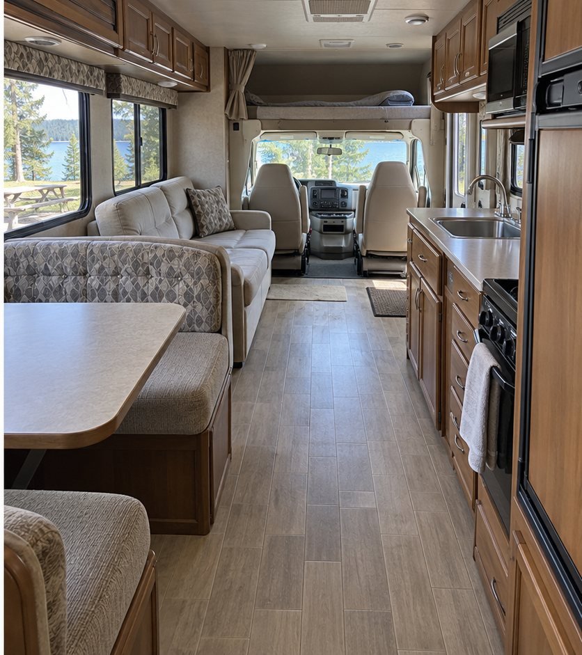 The same RV kitchen and dinette walkway with a clean floor and tidy surfaces