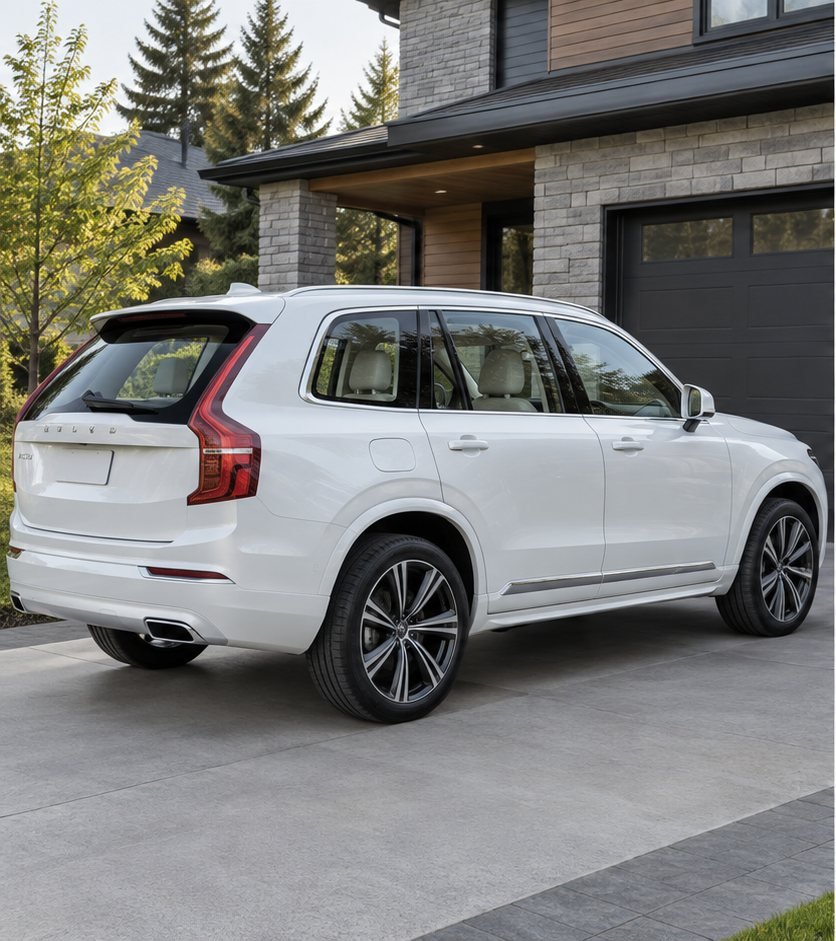 White SUV rear three-quarter view with clear, untinted rear windows