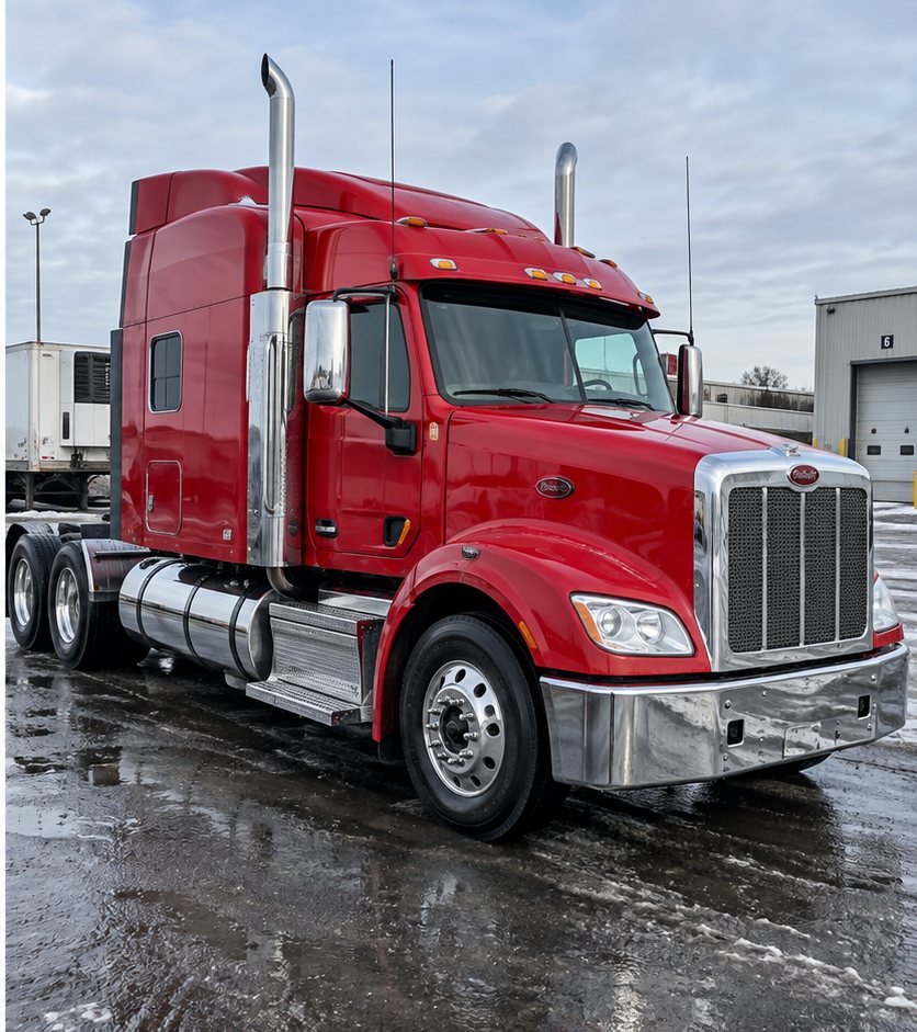 The same red semi-truck tractor front end washed to a bright, glossy red finish