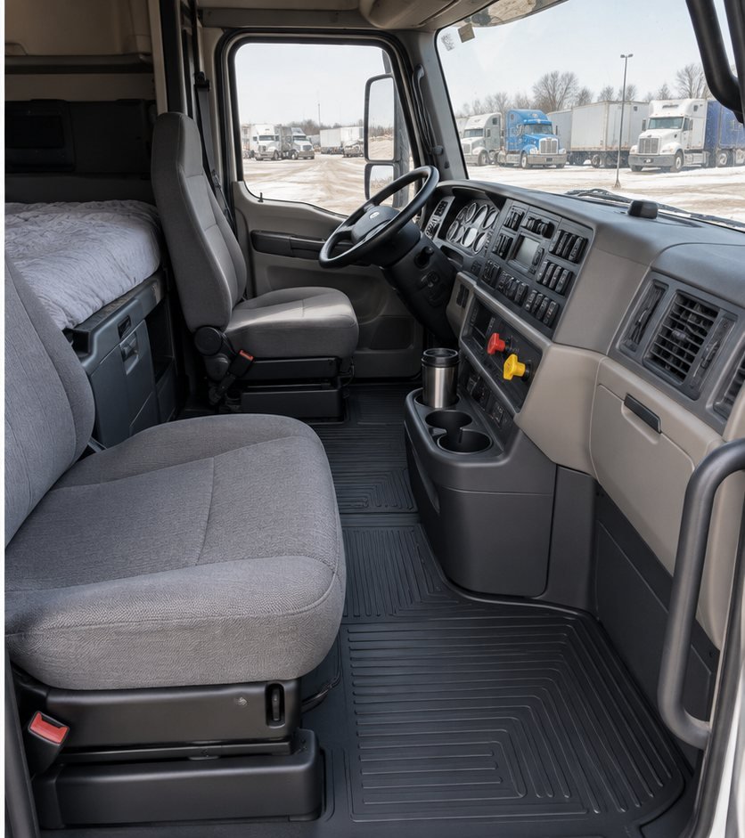 The same semi-truck sleeper cab with a clean floor and tidy cab interior